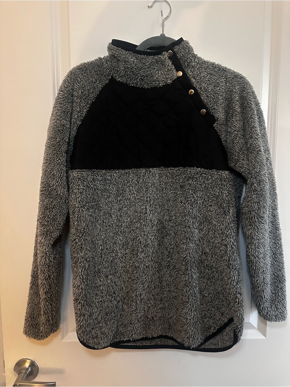 Cozy Grey and Black Snap-Shoulder Sherpa Pullover Sweater- Pink Lilly